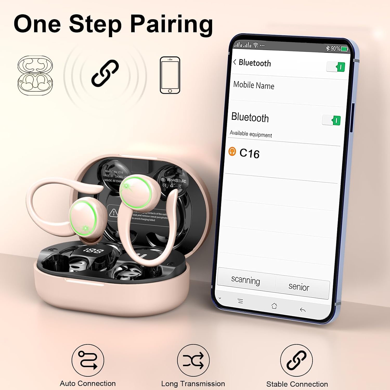 Pink Wireless Ear-hook Earphones Bluetooth Earbuds Over the Ear Headphones True Stereo Charging Case Hands-free  - ONXW267 2628-5