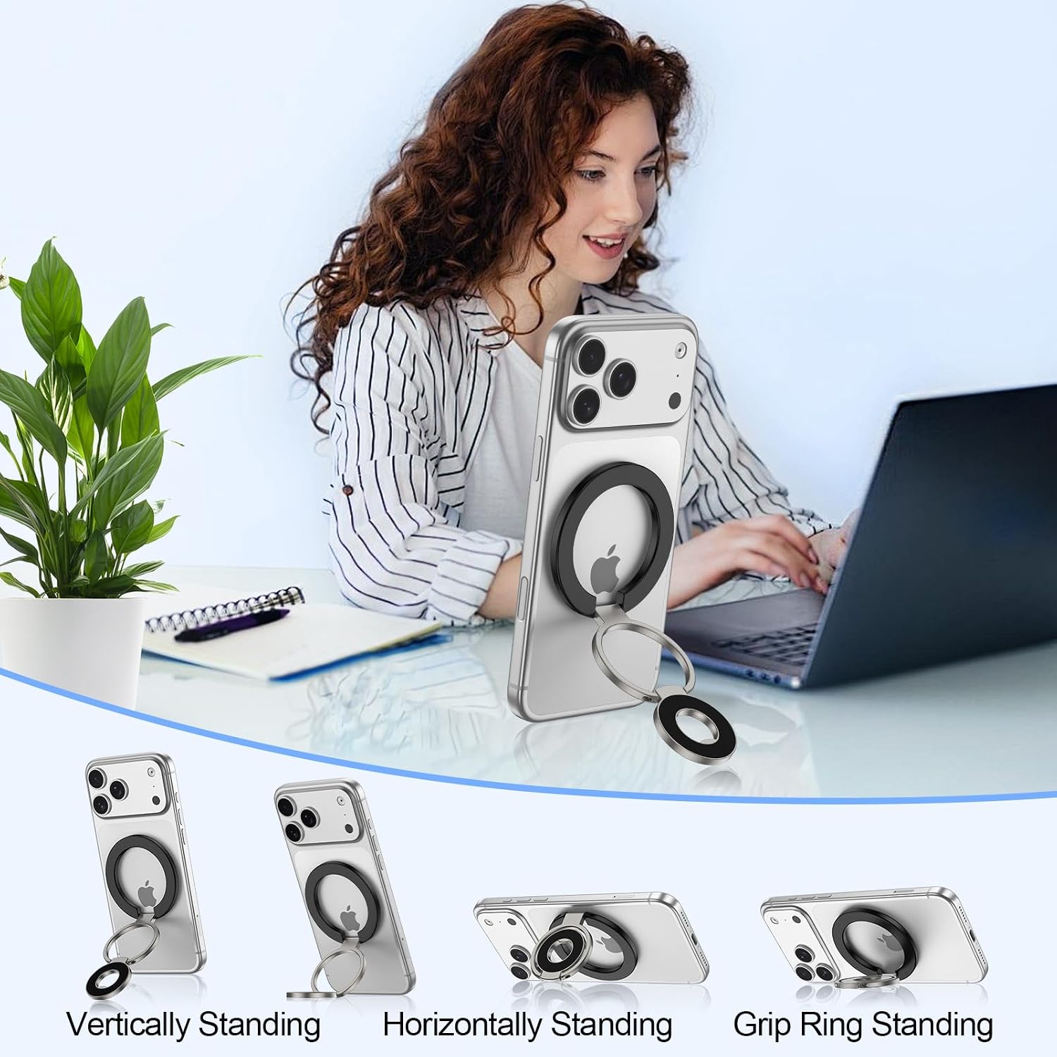 Metal Magnetic Ring Phone Holder  Kickstand Folding  Desk Stand Black  - ONXW215 2565-7