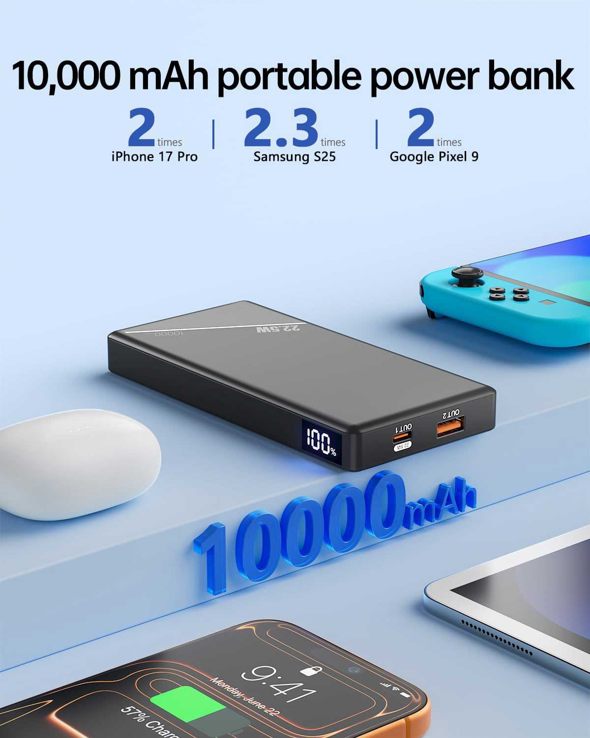 2 Pack 10000mAh Power Bank  22.5W PD Fast Charge  Backup Battery Portable Charger LED Display  1-Port USB  - ONXW241 2597-4