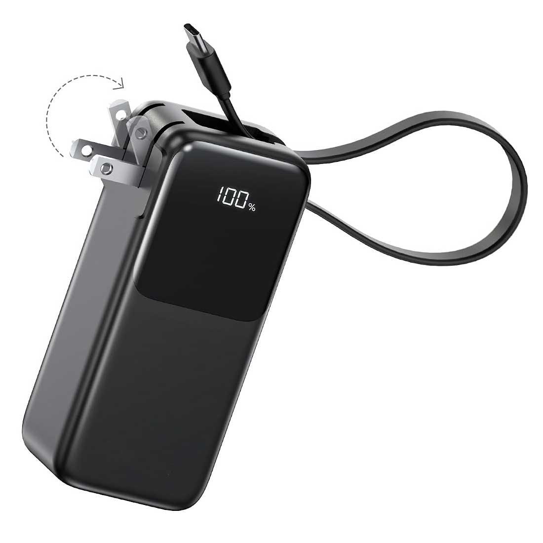 10000mAh Power Bank with AC Wall Plug 30W PD Fast Charge Backup Battery Portable Charger Built-in Cable LED Display  - ONXW282 2644-1