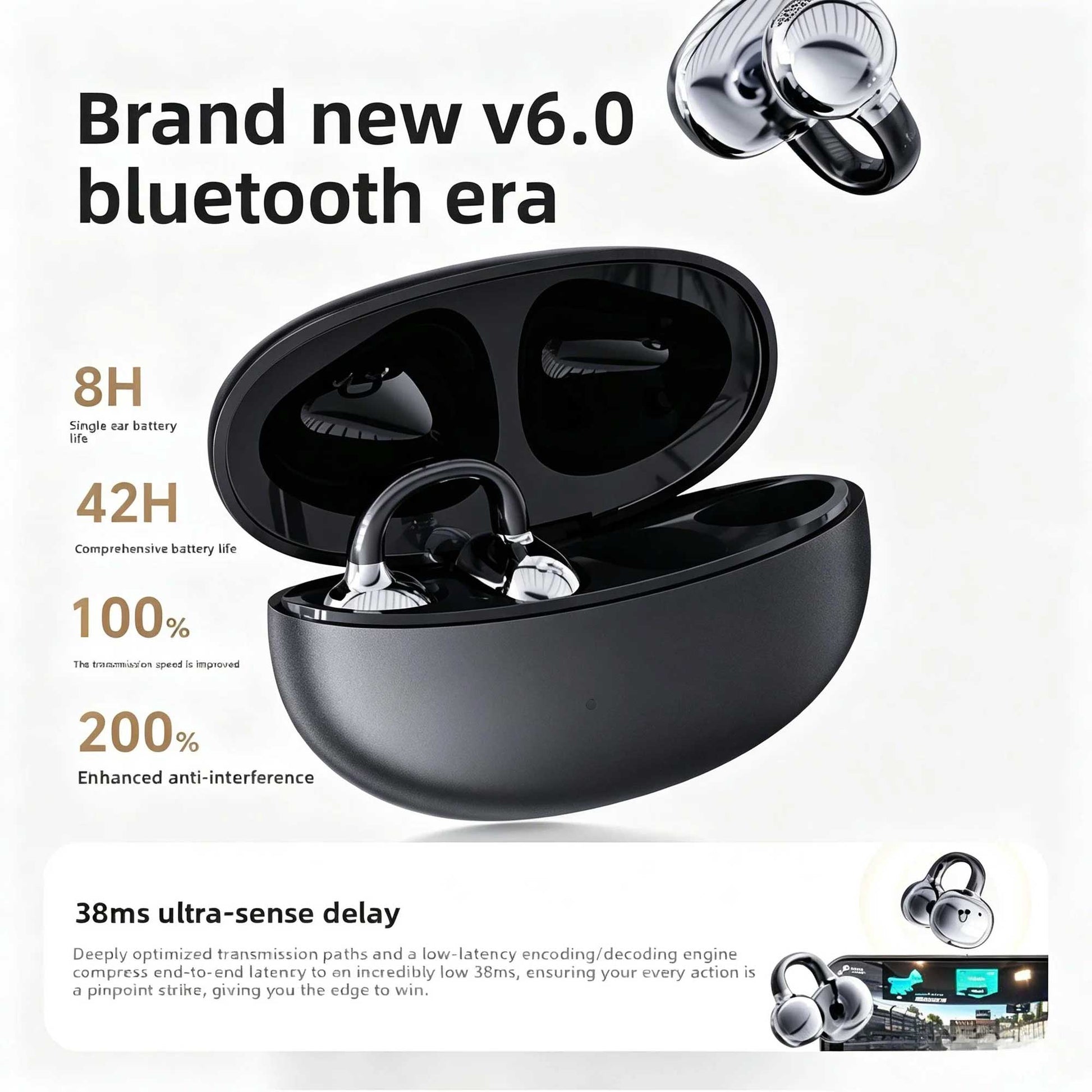Wireless Ear-Clip TWS Earphones Bluetooth Earbuds Bone Conduction Headphones True Stereo Charging Case Hands-free Mic  - ONY92 2335-7