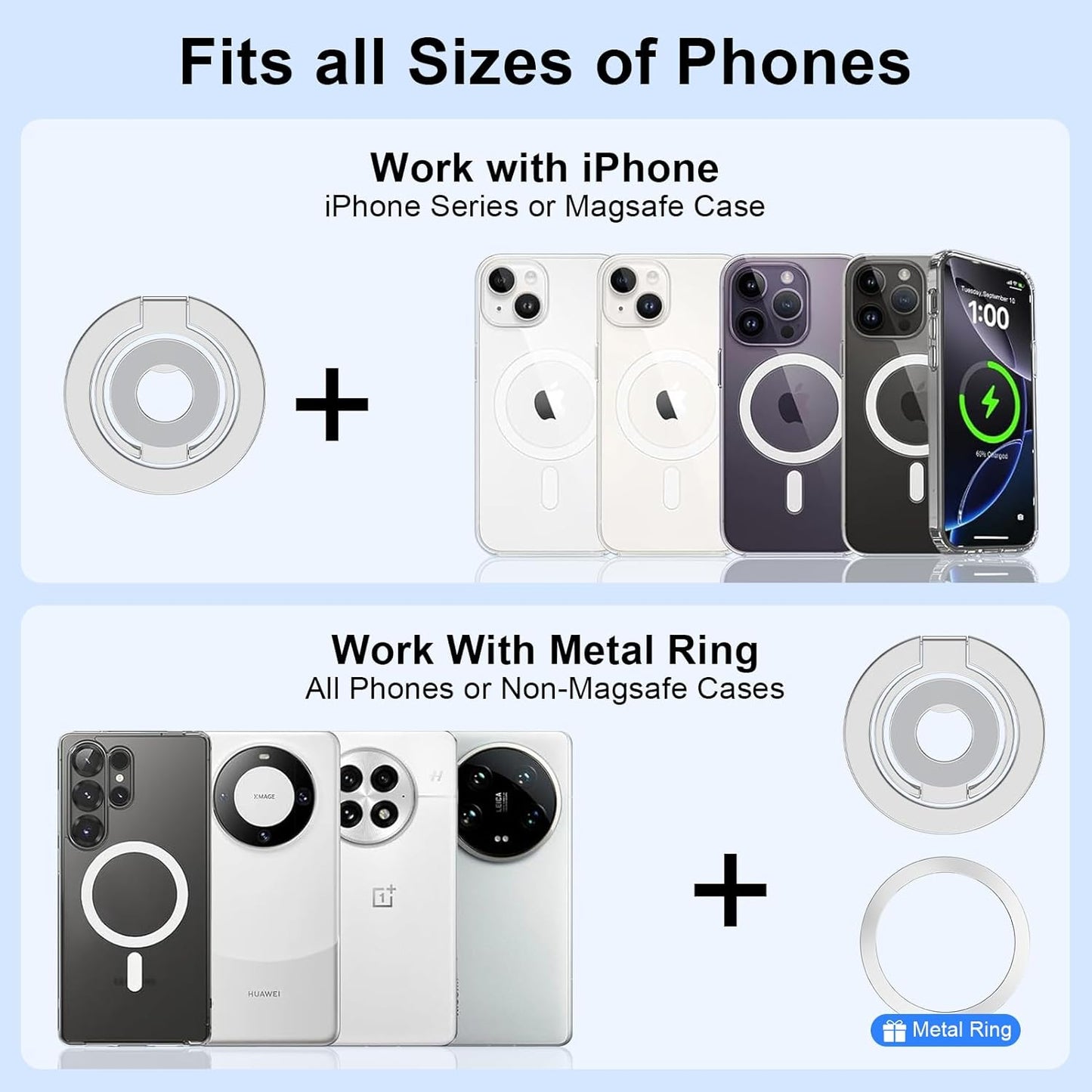 Metal Magnetic Ring Phone Holder Kickstand Folding Desk Stand Silver Color  - ONXW220 2570-6