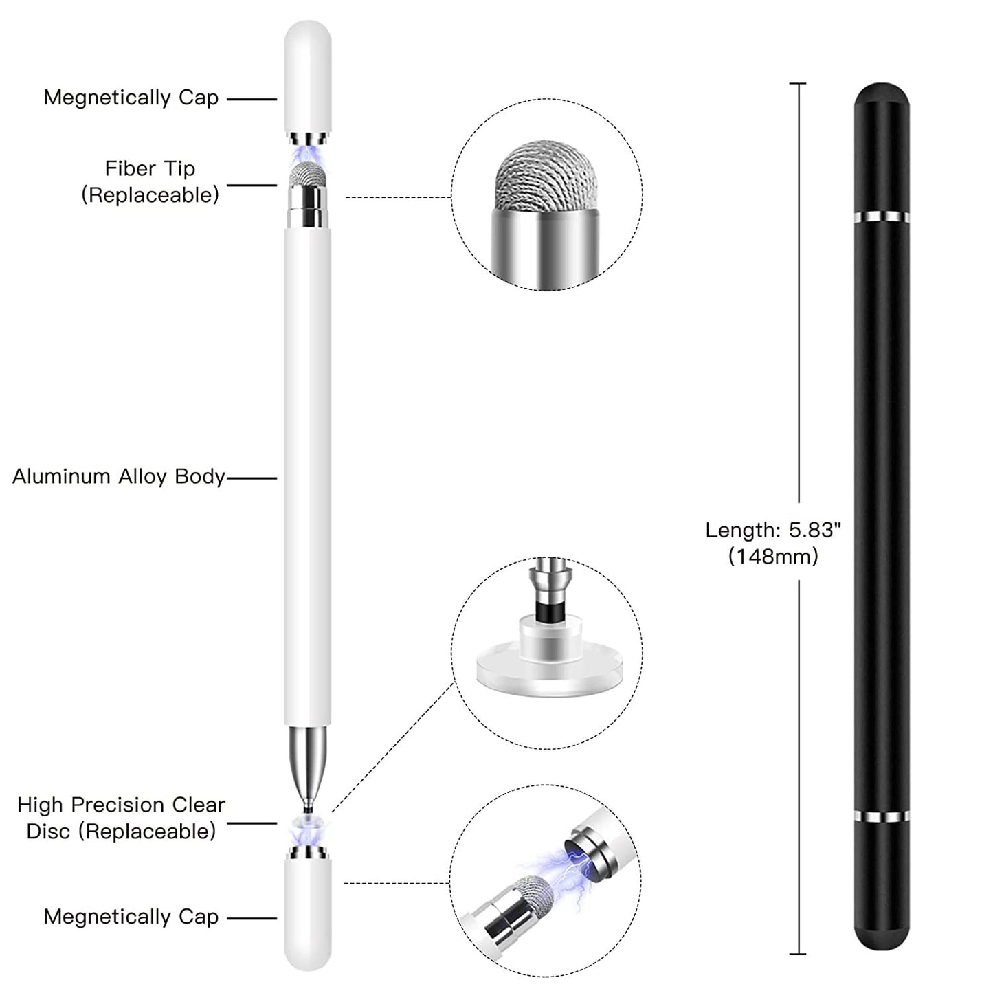 Stylus Touch Screen Pen Fiber Tip Aluminum Lightweight White - ONZ74