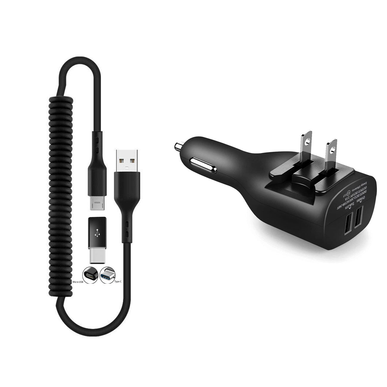 2-in-1 Car Home Charger Coiled USB Cable Micro-USB to USB-C Adapter Charger Cord Power Wire Black - ONE96