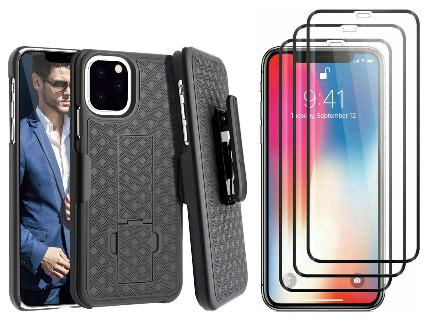 Belt Clip Case and 3 Pack Screen Protector Swivel Holster Tempered Glass Kickstand Cover 5D Touch Curved Edge - ONM27+3R49