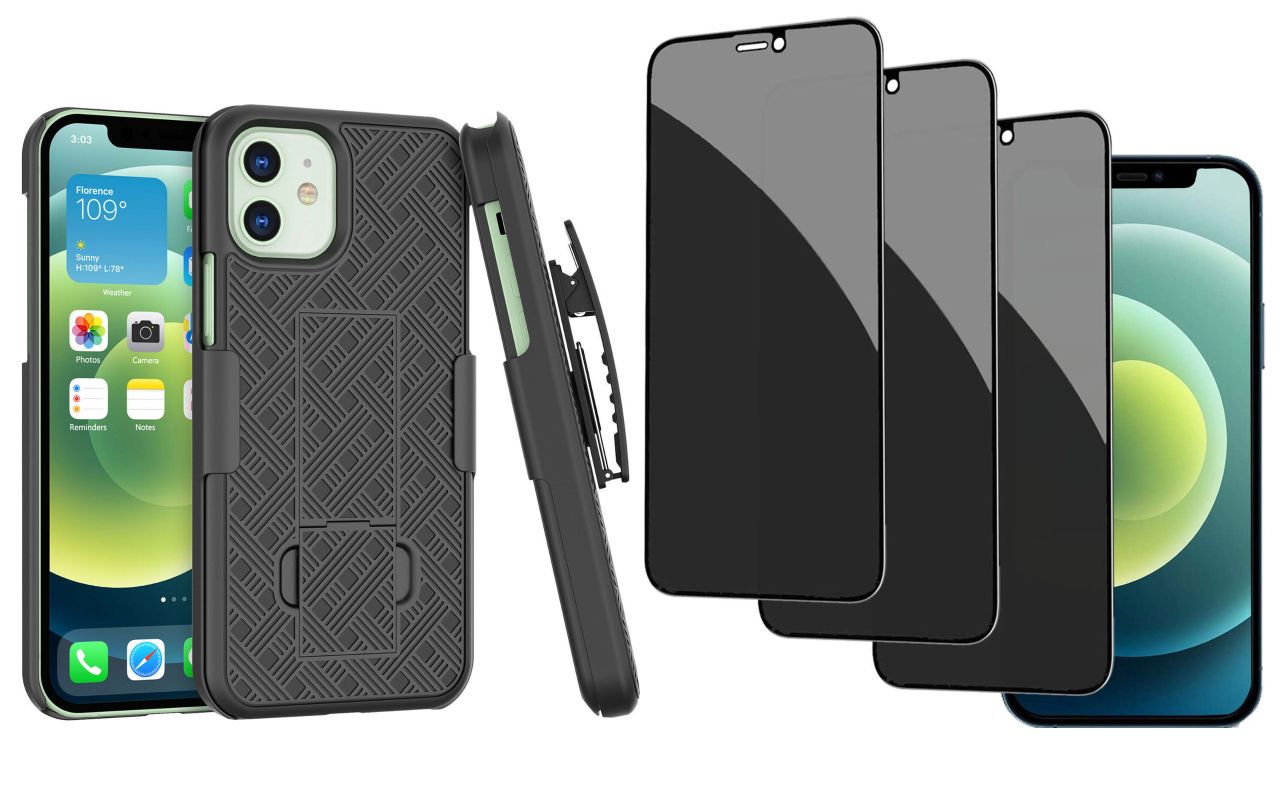 Belt Clip Case and 3 Pack Privacy Screen Protector Swivel Holster Tempered Glass Kickstand Cover Anti-Spy Anti-Peep - ONC26+3G56