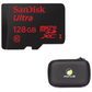 Sandisk 128GB High Speed MicroSDHC Memory Card + Headset Carrying Case Bag Zipper Enclosure Inner Pocket and Durable Exterior