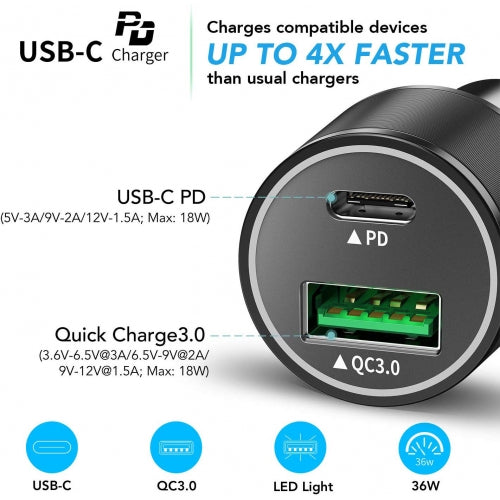 Quick Car Charger 36W 2-Port USB Cable Type-C PD Power Adapter