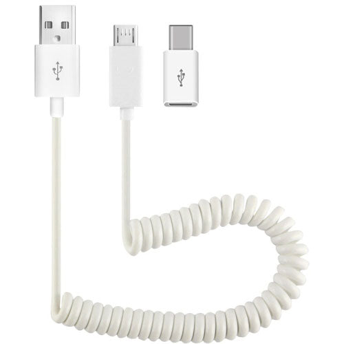 2-in-1 Car Home Charger Coiled USB Cable Micro-USB to USB-C Adapter Charger Cord Power Wire Folding Prongs - ONK12