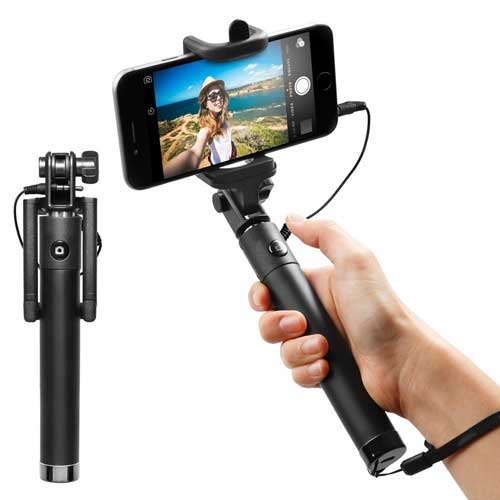 Wired Selfie Stick Monopod Remote Shutter Built-in Self-Portrait Extendable