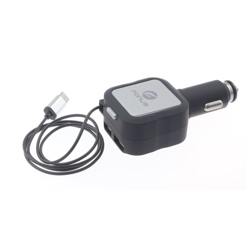 Car Charger Retractable 4.8Amp Type-C 2-Port USB Fast Charge