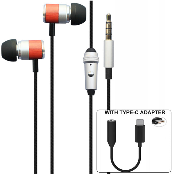 Headset Type-C Adapter Earphones w Mic Wooden Earbuds