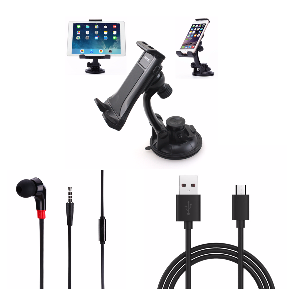 Car Windshield Dashboard Mount for Tablets and Phones + Fonus Flat Cable Black In-Ear Mono Headset + Black 6ft Micro USB Data Cable