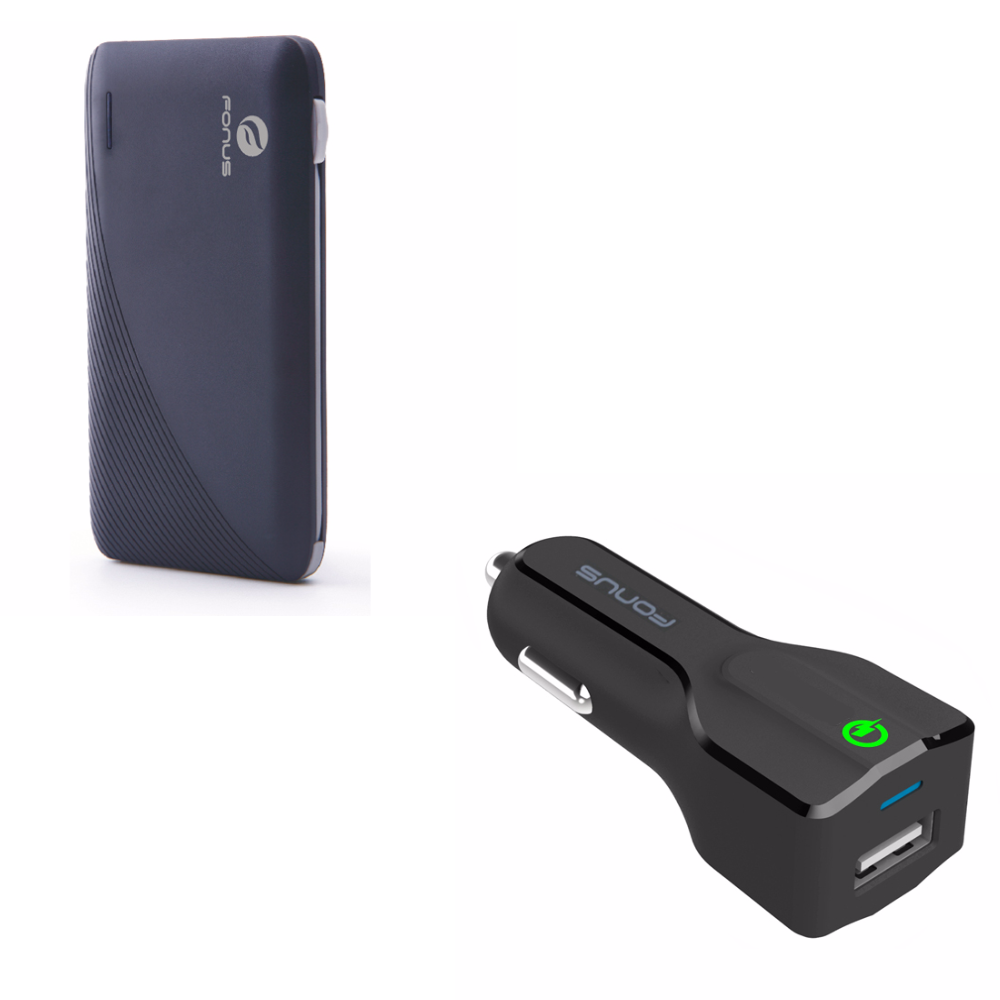 Fonus 10000mAh Power Bank - Black + 24W Adaptive Fast USB Car Charger Qualcomm Quick Charge 3.0