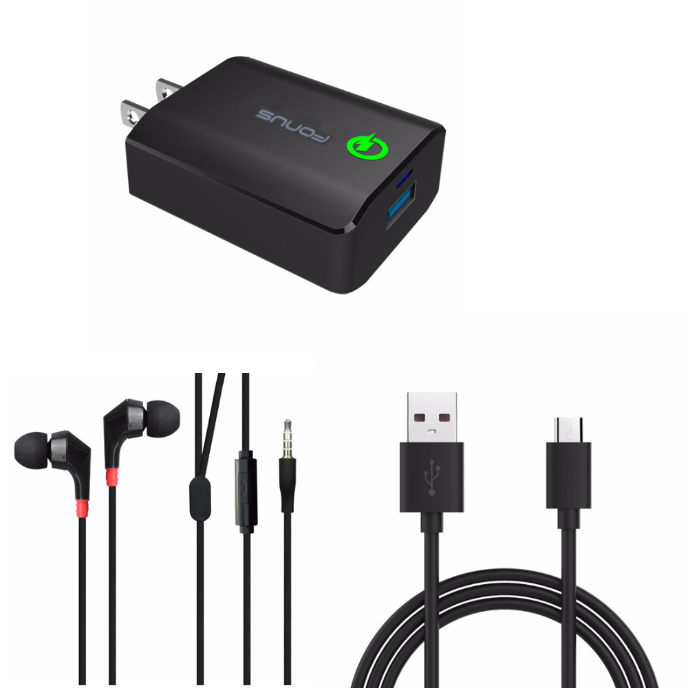 18W Adaptive Fast USB Home Charger Qualcomm Quick Charge 3.0 + Premium Sound Quality Flat Cable Headset with Microphone + Black 6ft Micro USB Data Cable