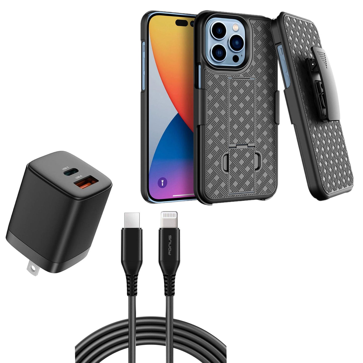 Belt Clip Case and Fast Home Charger Combo Swivel Holster PD Type-C Power Adapter 6ft Long USB-C Cable Kickstand Cover 2-Port Quick Charge - ONZ15