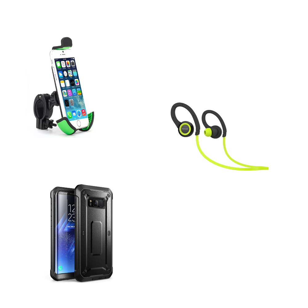 Heavy Duty Bicycle Holder + Sweatproof Sports Wireless Headset + Shock Resistant Rugged Holster Cover