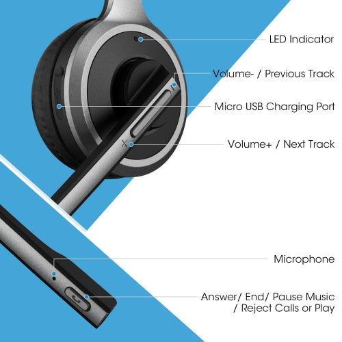 Wireless Headphone Boom Microphone Headset Hands-free Earphone Over-the-Head