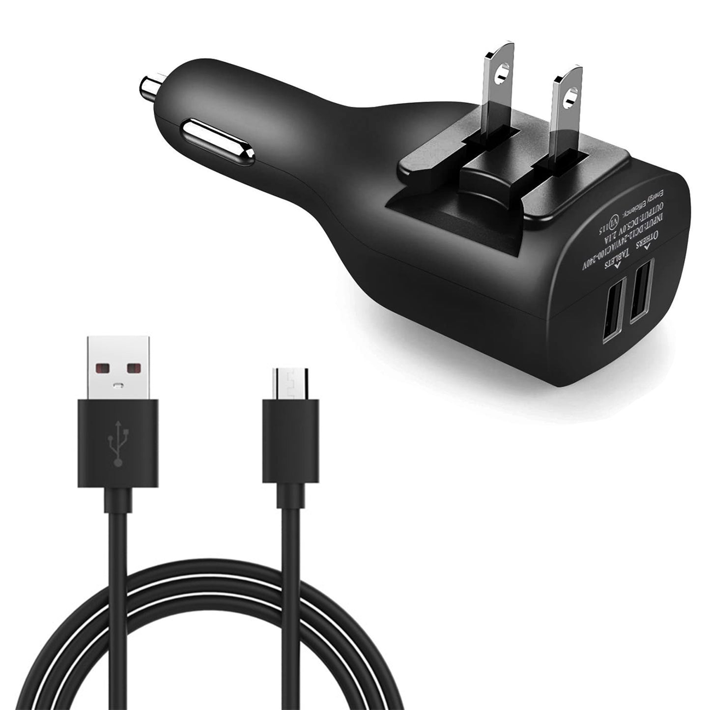 2-in-1 Car Home Charger 6ft Micro USB Cable Long Cord Travel Power Adapter Charging Wire Folding Prongs - ONY09