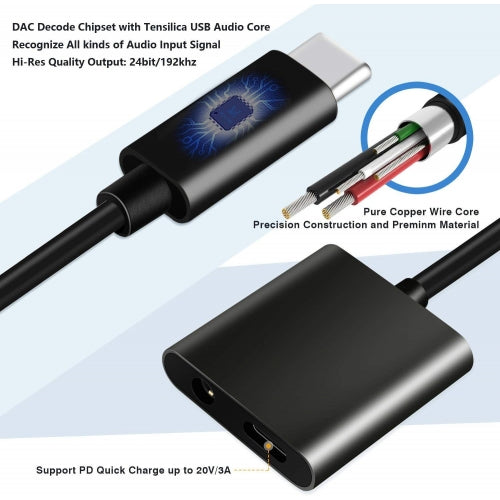 USB-C Headphone Adapter Earphone 3.5mm Jack Charger Port Splitter Mic Support