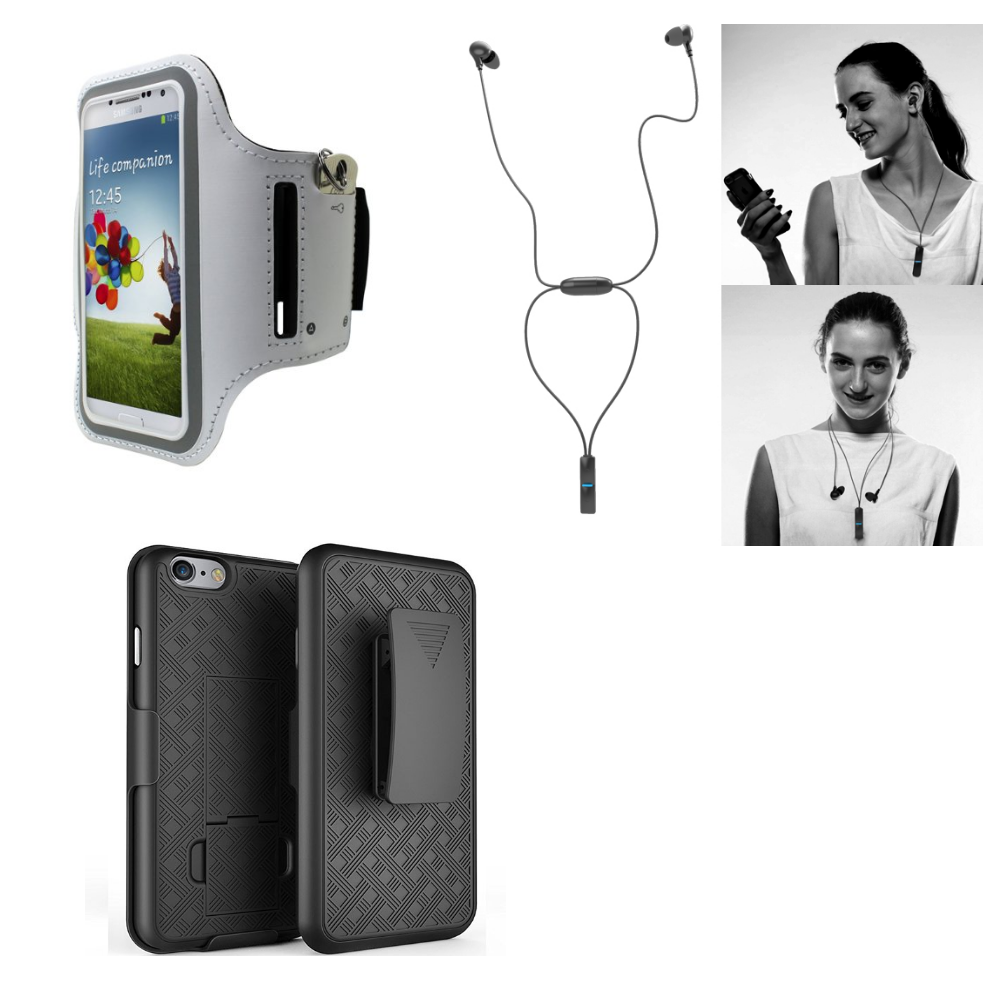 Apple iPhone 7 Shell Holster Combo w/ Kickstand + Hi-Fi Sports Wireless Headset + White Armband for Samsung Galaxy S5