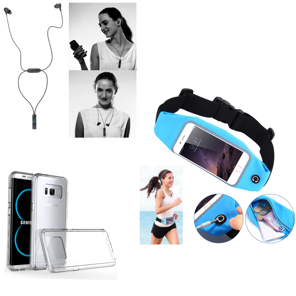 Hi-Fi Sports Wireless Headset + Reflective Sports Belt Waist Bag with Transparent Touch Screen Window + Scratch-Resistant Clear Shock Absorbent Hybrid Bumper Case Cover