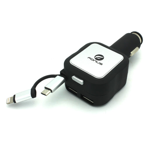 Car Charger Retractable 4.8Amp 2-Port USB 2-in-1 DC Socket