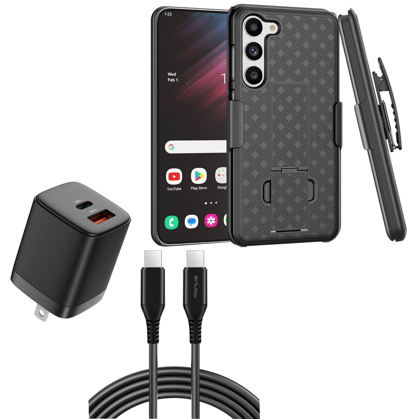 Belt Clip Case and Fast Home Charger Combo Swivel Holster PD Type-C Power Adapter 6ft Long USB-C Cable Kickstand Cover 2-Port Quick Charge - ONZ47