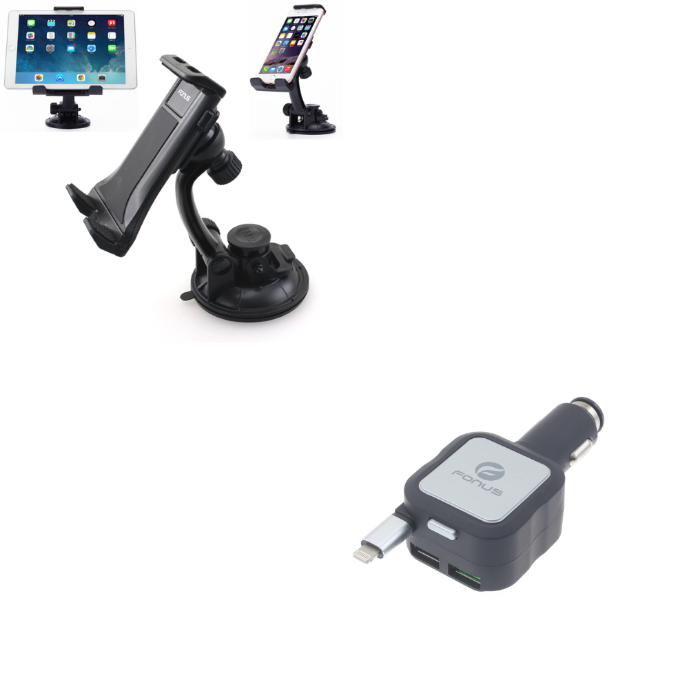 Car Windshield Dashboard Mount for Tablets and Phones + Fonus Retractable Car Charger with TWO USB PORTS