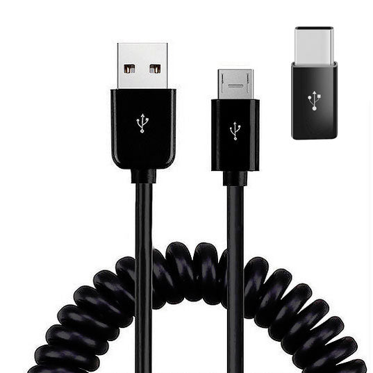 24W Fast Car Charger Coiled USB Cable Micro-USB to USB-C Adapter Power Cord Wire Quick Charge - ONK78