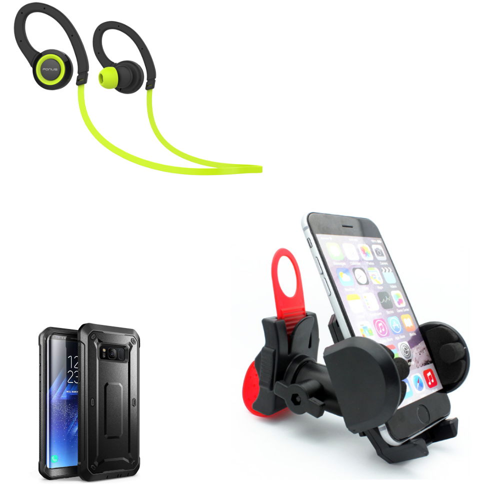 SELNA Bicycle Holder with Strap + Sweatproof Sports Wireless Headset + Shock Resistant Rugged Holster Cover