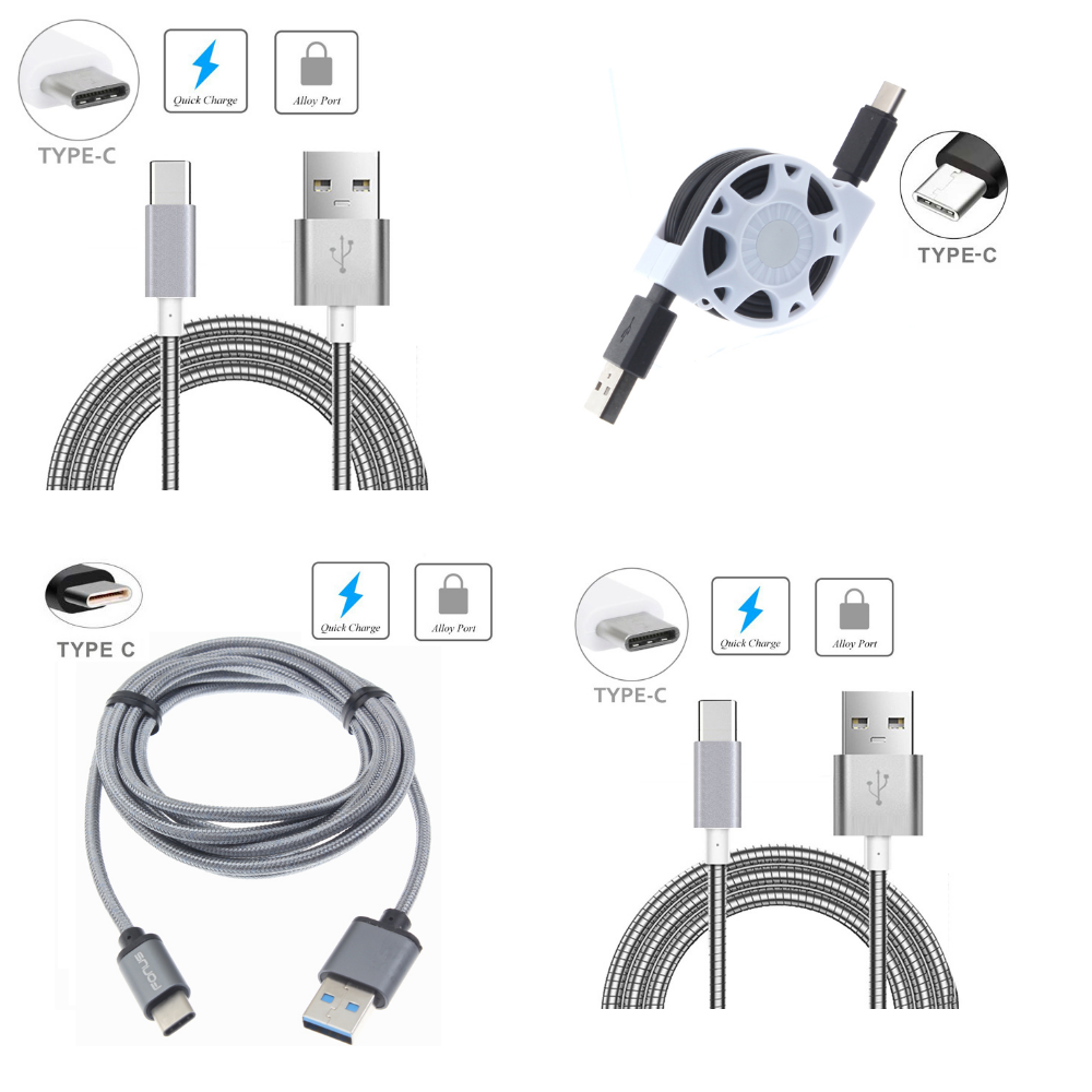 Fonus Retractable Type-C USB Cable Data Sync Wire + Silver 3ft Metal Braided TYPE-C Cable + Silver 6ft Metal Braided TYPE-C Cable + Gray Braided 10ft Type-C USB Data Cable