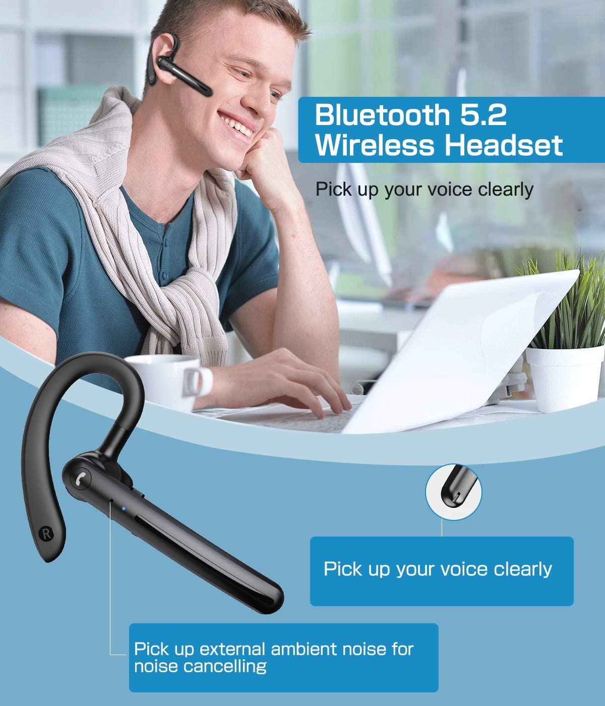 Wireless Earphone Ear-hook Headphone Boom Mic Handsfree Single Headset - ONZ72